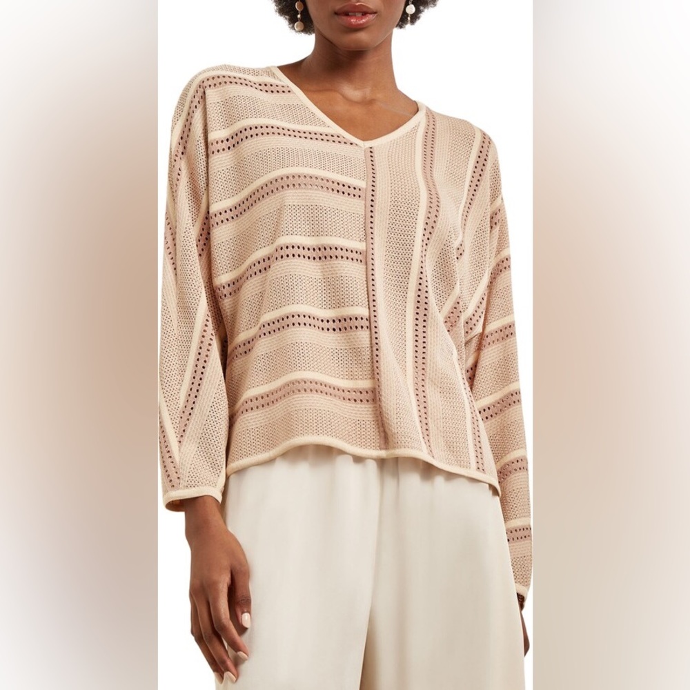 Misook Blush-Beige Open Knit V-Neck Sweater